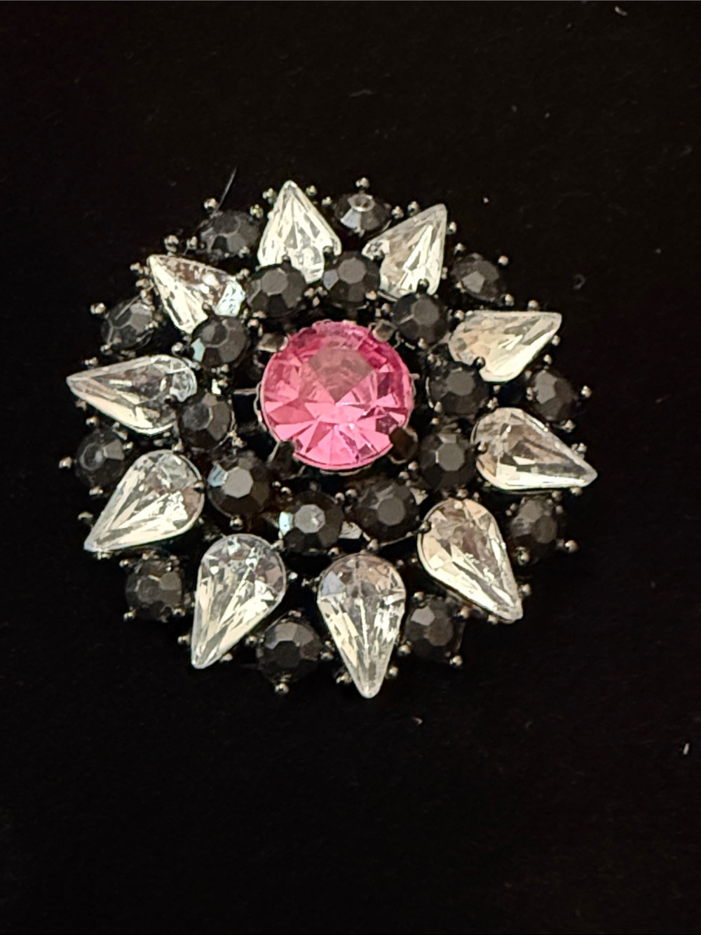 Vintage Unsigned Black Pink & Clear Rhinestone Brooch
